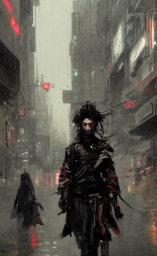 Image similar to cyberpunk samurai in rain, crowd, raven, arcane, by fortiche, by greg rutkowski, esuthio, craig mullins, wlop