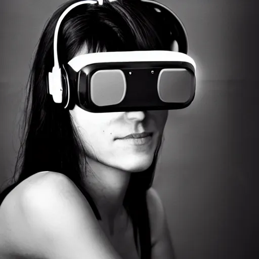 Image similar to portrait of a cyberpunk girl wearing vr headset, black & white photo by annie leibovitz