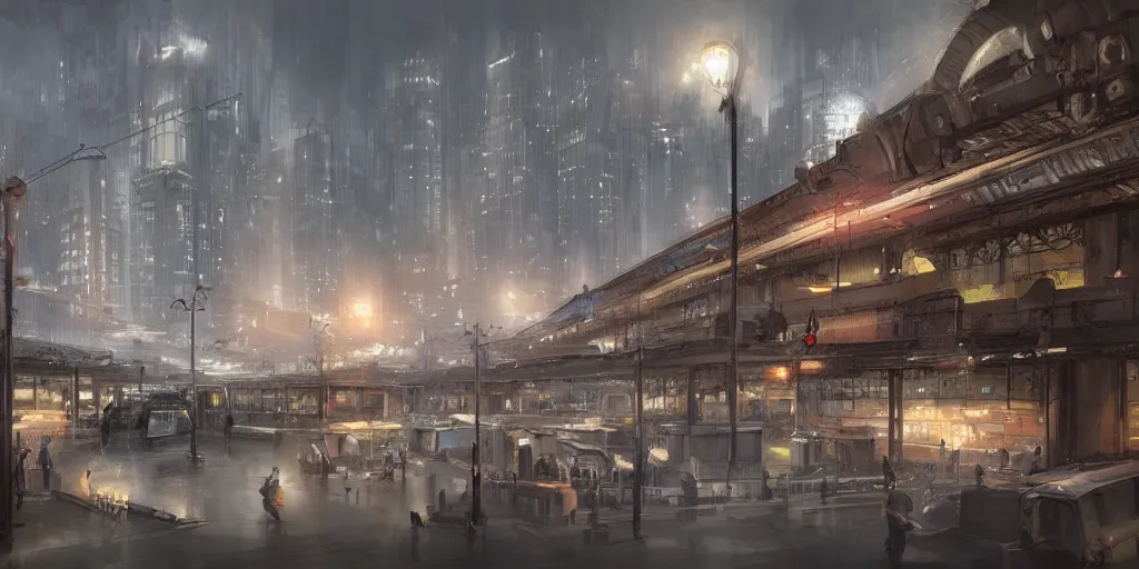 Image similar to 2 0 4 5 train station city landscale, concept art, illustration, highly detailed, artwork, hyper realistic, in style of james paick