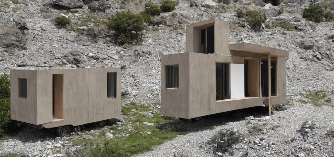 Image similar to brutalist tiny home made of stone