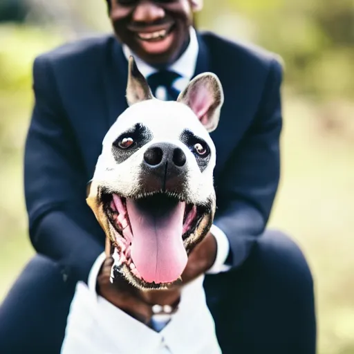 Image similar to a photo of a dog in a suit riding a black man, 4 k