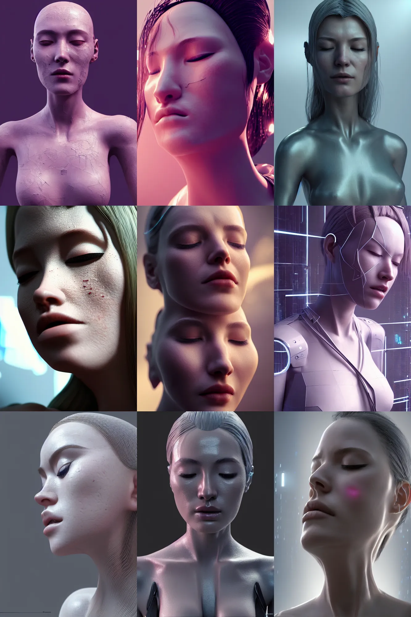 Prompt: beautiful android woman, eyes closed, photorealistic, 3 d model, postcyberpunk, octane render, concept art, 8 k, intricate detailed environment. by terry o'neill