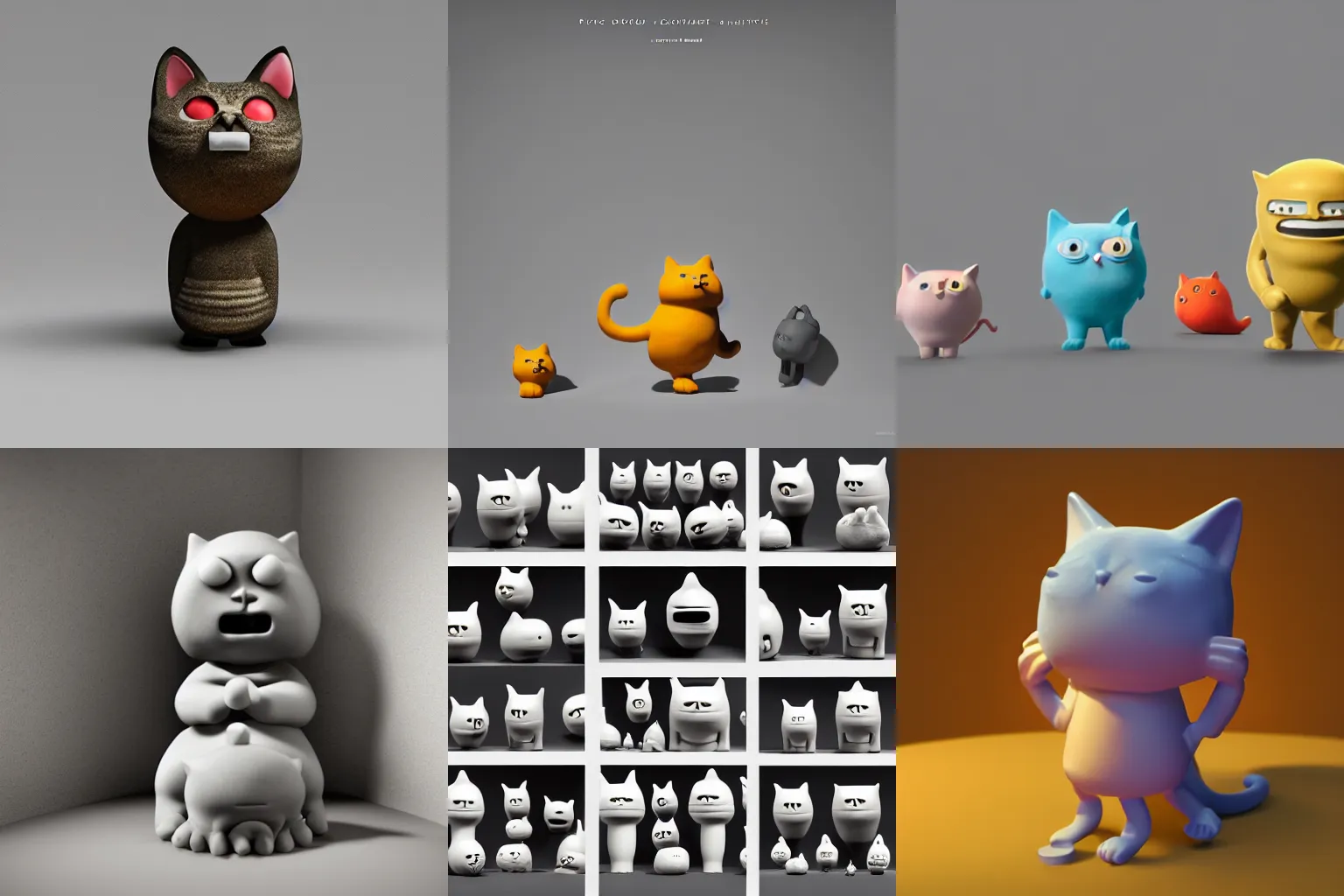 Prompt: pictoplasma, pictoplasma, one simple angry screaming ceramic toy Figure cat sculpture, c4d, 3d primitives, in a Studio hollow, by pixar, beeple, by jeff koons, blender donut tutorial, joints, by jonathan ive, by david lachapelle, simulation