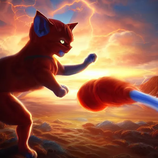 Image similar to cat goku special attack charging, golden hour, fantasy, sharp focus, digital art, hyper realistic, 4 k, unreal engine, highly detailed, hd, dramatic lighting by brom, trending on artstation