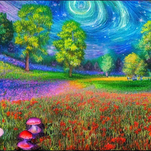 Image similar to an impressionist painting of a gorgeous meadow filled with colorful mushrooms with a stream flowing through it, psychedelic colors, starry sky in background, high detail, trending on artstation