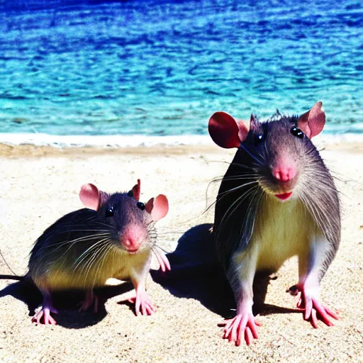 Prompt: smiling rats on a beach having a picnic