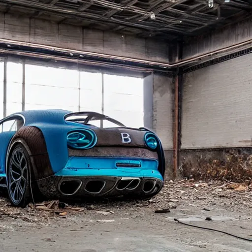 Image similar to an abandoned, derelict, ( really rusty ) bugatti chiron in a dirty warehouse