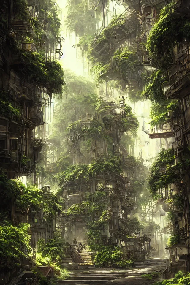 Prompt: Architectural section, movie concept art, steampunk style, Miyazaki tekkonkintreet Teikoku Shounen style, amazing + fantasy Traditional Japanese alley lane on full moon, lush vegetation and ferns, sun rays, octane render, trending on artstation, hyper detailed, cinematic