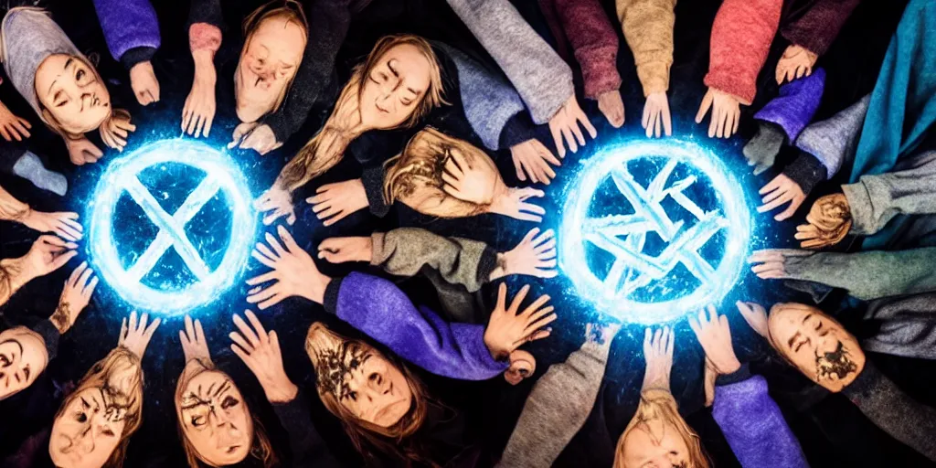 Prompt: group of mages in a circle, wearing hoods, casting a spell, runes surrounding the center, mysterious