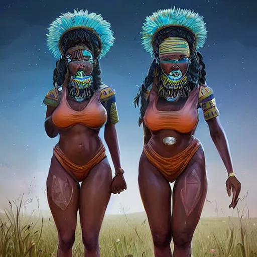 Prompt: beautiful Zulu goddesses holding hands, focused, worried, highly detailed, artstation, concept art, sharp, illustration, art by artgerm and Simon Stålenhag