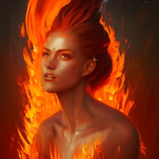 Image similar to a beautiful portrait of a fire goddess, flaming background, a detailed painting by greg rutkowski and raymond swanland, featured on cgsociety, fantasy art, detailed painting, artstation hd, photorealistic