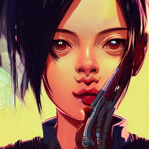 Image similar to A comic potrait of a cyberpunk cyborg girl with big and cute eyes, fine-face, realistic shaded perfect face, fine details. Night setting. Very anime style. Realistic shaded lighting poster by Ilya Kuvshinov katsuhiro, magali villeneuve, artgerm, Jeremy Lipkin and Michael Garmash, Rob Rey and Kentarõ Miura style, trending on art station