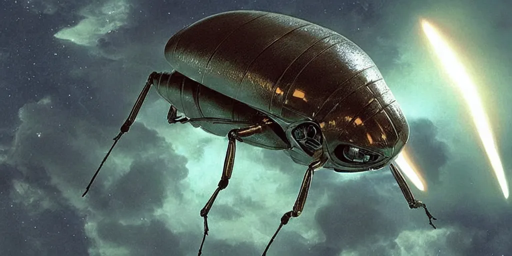 Image similar to lightning bug descendant 1 million in the future is a quadruped with big eyes. the bug wears a spacesuit, and explores the cosmos in a bug - shaped spaceship. science fiction blockbuster movie bugs save the planet or the bug from saturn, starship troopers ( 1 9 9 7 ), rogue one