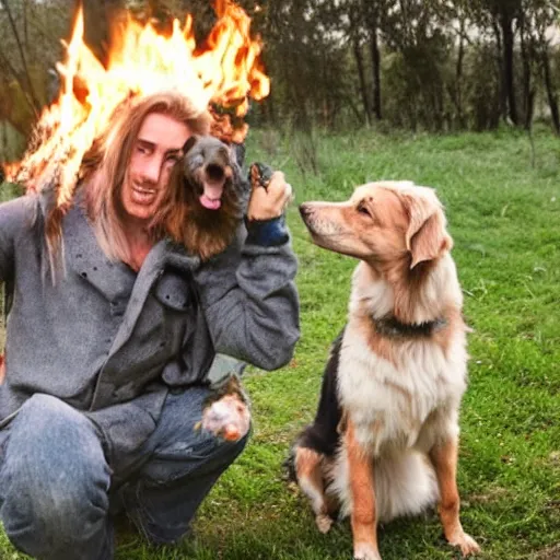 Prompt: photo of hillbilly with long blonde hair and his australian shepherd dog around a bonfire, gray and black dog coat, symmetric face