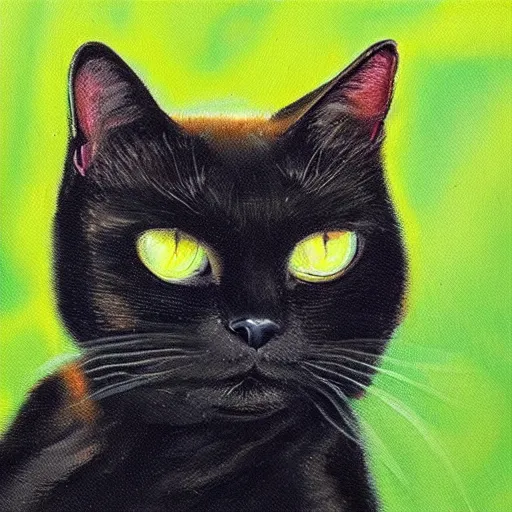 Image similar to spectacular oil painting of a black cat with bright green eyes floating through a nebula