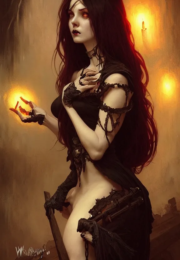 Image similar to Attractive necromancer mistress at a spooky old attic, fantasy magic, dark pin-up style hair, dark light night, intricate, elegant, sharp focus, illustration, highly detailed, digital painting, concept art, matte, art by WLOP and Artgerm and Greg Rutkowski and Alphonse Mucha, masterpiece