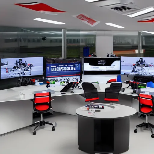 Image similar to sport newsroom for formula 1, realistic