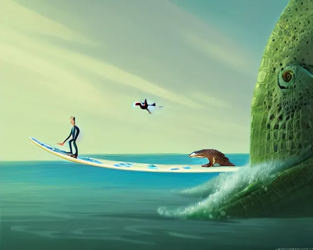 Image similar to a man surfing on a crocodile alike surfboard, a man using a crocodile as a longboard, funny cartoonish, by gediminas pranckevicius, 8 k cartoon illustration, impressive perspective