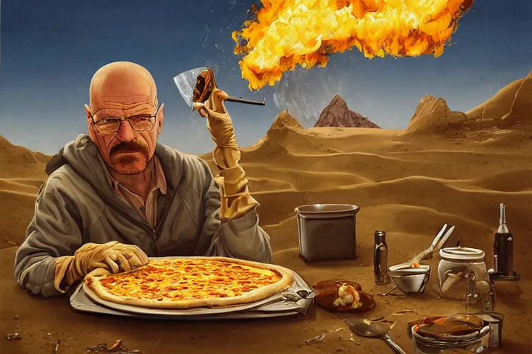 Prompt: a highly detailed portrait of walter white making pizza! in the desert, steaming hot sun in the sky, holding a blowtorch and a pizza peel, intense heat, post - apocalyptic vibe, full body, wide angle, an ultrafine detailed painting by joe fenton, trending on deviantart, pop surrealism, whimsical, lowbrow, perfect symmetrical face, sharp focus, octane, masterpiece