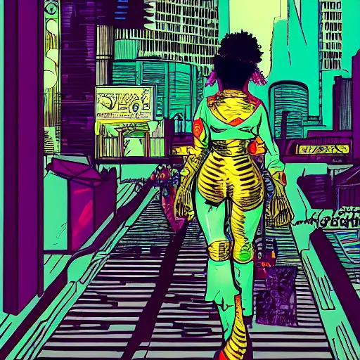 Image similar to afrofuturist woman walking down the busy street wearing gold jewelry, cyberpunk, far shot, retro comic art style, pastwl