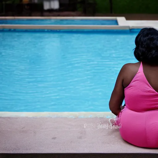 Image similar to a black and asian woman sitting by the pool, heavy detail, 3 5 mm photograph.