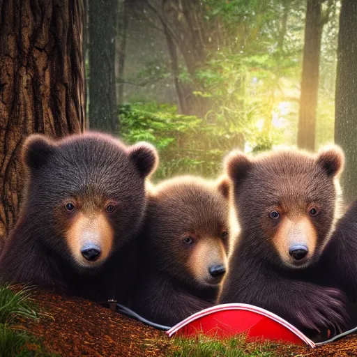 Image similar to a very very beautiful closeup picture of three cute bear cubs with very happy faces sitting inside a tent in the woods, sunset, vivid colors, soft lighting, atmospheric, cinematic, moody, trending on artstation, oil on canvas, 8K