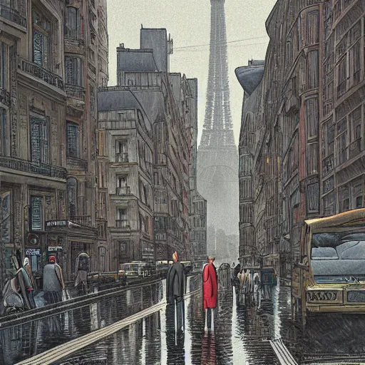 Prompt: a tall man standing next to a huge car, paris street view, city in the background, people walking in the distance, reflections on wet streets, dieselpunk style, steampunk, art by jean giraud and juan gimenez ; architecture by francois schuiten, beautiful illustration, drawing, painting, clean lines, digital art, symmetric, colorful retrofutur, artstation