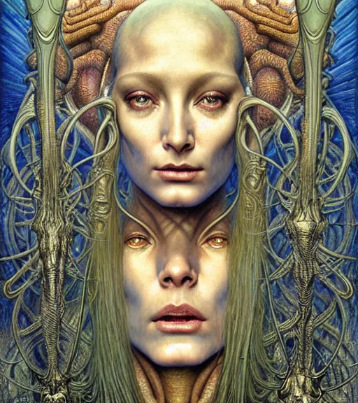 Prompt: detailed realistic beautiful young cher alien robot as queen of mars face portrait by jean delville, gustave dore and marco mazzoni, art nouveau, symbolist, visionary, baroque, concept. horizontal symmetry by zdzisław beksinski, iris van herpen, raymond swanland and alphonse mucha. highly detailed, hyper - real, beautiful