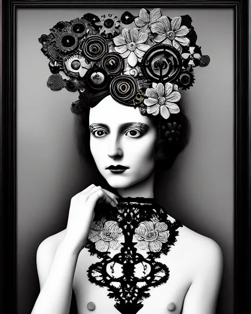 Prompt: black and white masterpiece profile portrait painting with no frame, dutch masters, one steampunk eye silver lace floral biomechanical beautiful young female cyborg, big monocular, volumetric light, hibiscus flowers, by dora maar, rim light, big gothic fashion pearl embroidered collar, 8 k