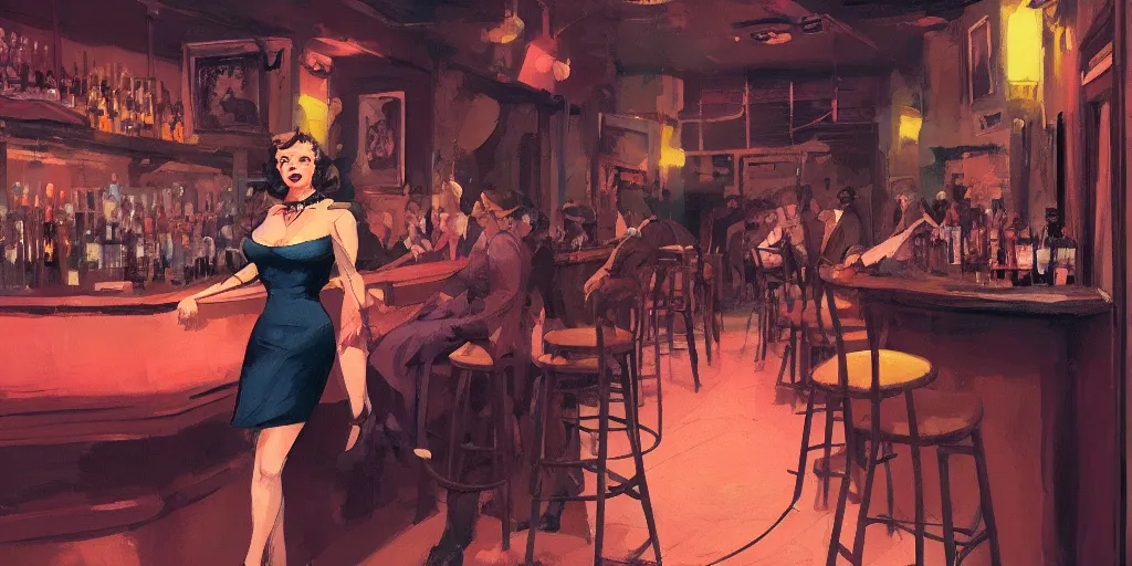 Image similar to a powerful woman is at the bar of a 4 0 s jazz club, warm color palette, night time, dramatic lighting, noir film, character sheet, fine details, high contrast, blacksad, kim jung gi, greg rutkowski, trending on artstation, 8 k, front view, back view, ultra wide angle