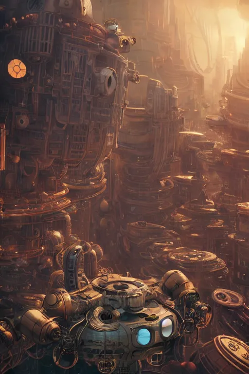 Prompt: a cockpit view of an overpopulated steampunk sci-fi city with giant robots, wide shot, broad detail, isometric 3d, ultra hd, character design by Mark Ryden and Pixar and Hayao Miyazaki, unreal 5, DAZ, hyperrealistic, octane render, cosplay, RPG portrait, dynamic lighting, intricate detail, summer vibrancy, cinematic