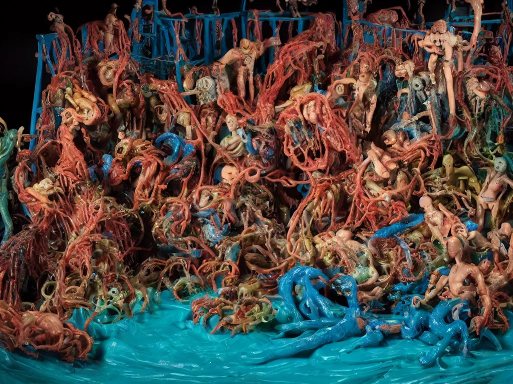 Image similar to diorama of the raft of the medusa as an animatronic schlock body horror comedy film, fun, animatronic figures, Sally Corporation, Garner Holt, play-doh, lurid, vivid colors, neon lights, rubber latex, realistic materials, fleshy, Cronenberg, Rick Baker, daylight, photo real, wet, slimy, wide angle, rule of thirds, 28mm, 1984, Eastman EXR 50D 5245/7245