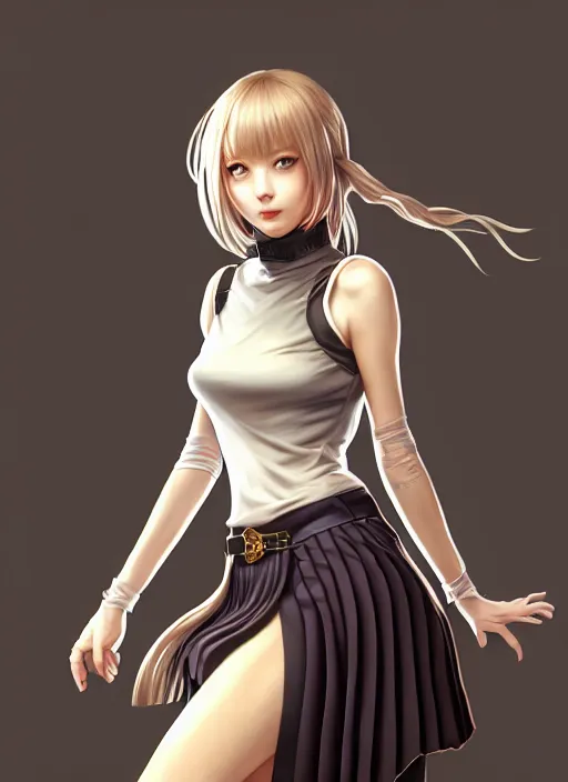 Image similar to portrait of a full body of beautiful young female detective, d & d, sleeveless turtleneck, pleated skirt, fantasy, flat lighting, intricate, highly detailed, digital painting, artstation, concept art, smooth, sharp focus, illustration, misa amane, art by simon bisley and greg rutkowski and alphonse mucha, natural tpose