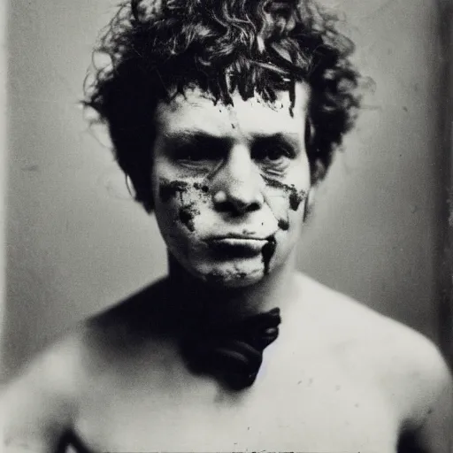 Image similar to close up photo portrait of a 19th century young ugly clean-face brutal male angry gangster with scars by Diane Arbus and Louis Daguerre