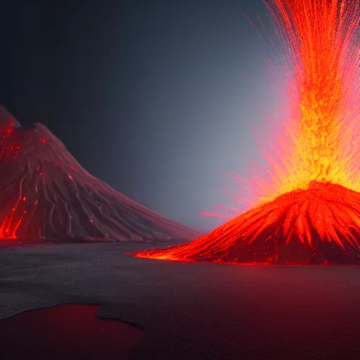 Image similar to 3 d virtual landscape painting, amazing volcanic eruption, three point lighting, by yuumei, bayard wu, wlop, tim white, ross tran, 4 k