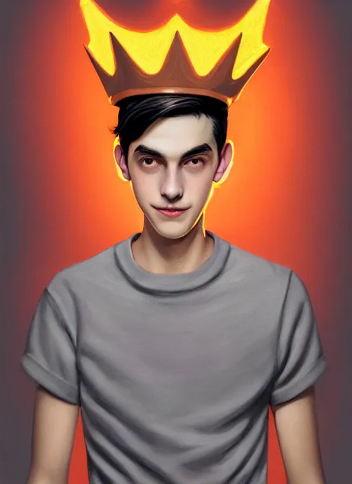 Prompt: portrait of teenage jughead jones wearing a light grey crown, symmetrical crown, hamburger background, eyes closed, crown, black hair, orange, intricate, elegant, glowing lights, warm lighting, highly detailed, digital painting, artstation, concept art, smooth, sharp focus, illustration, art by wlop, mars ravelo and greg rutkowski