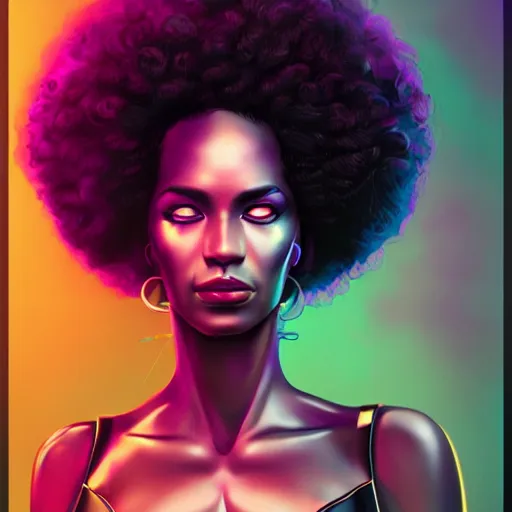 Prompt: cyberpunk black woman with afro hair, corcovado on the background, blue and purple digital art trending on artstation, atmospheric lighting, artgerm