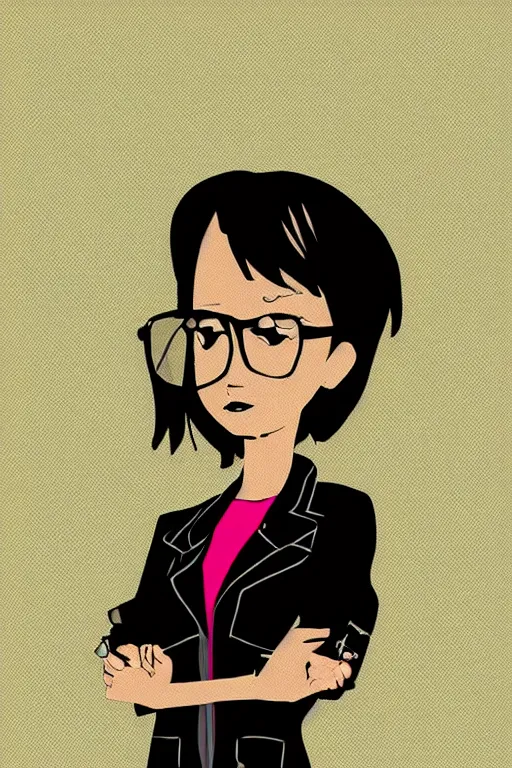 Prompt: portrait of a girl with short dark hair in a black jacket, in the style of the cartoon daria