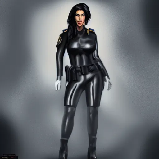 Image similar to kim kardashian as a cop, police uniform, full body view, full pov, haunted house interior, pretty, aesthetic, dust molecules, matte detailed photo, DeviantArt, Artstation, cinematic lighting