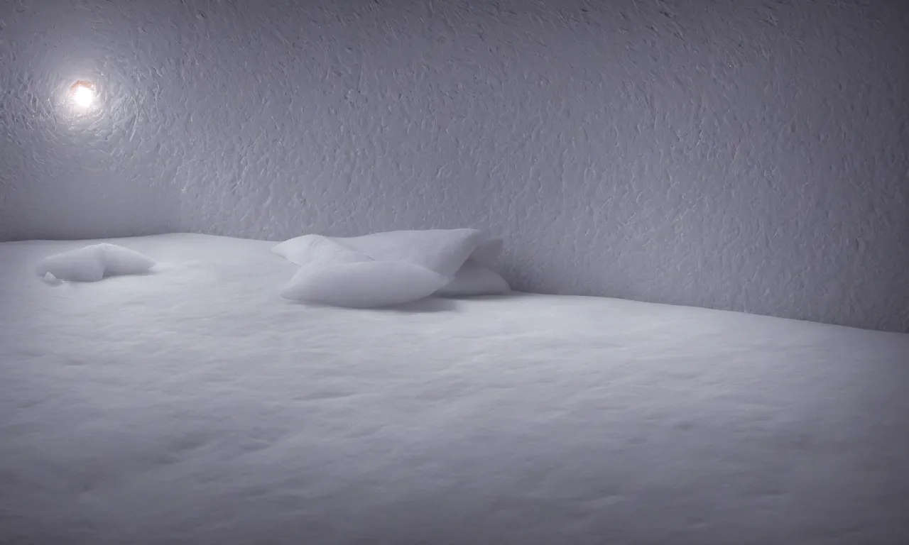 Image similar to soft vellum bedding floating in the void, comforter lobes stretched taught in places and bunched up in places, ambient occlusion, 1/40mm f/1.4 photograph of thick dough made out of aerogel, pinned together with a 2-3 softly luminous spheres pinning distant areas together, stark sunrise lighting, mound of perfect laundry floating in space