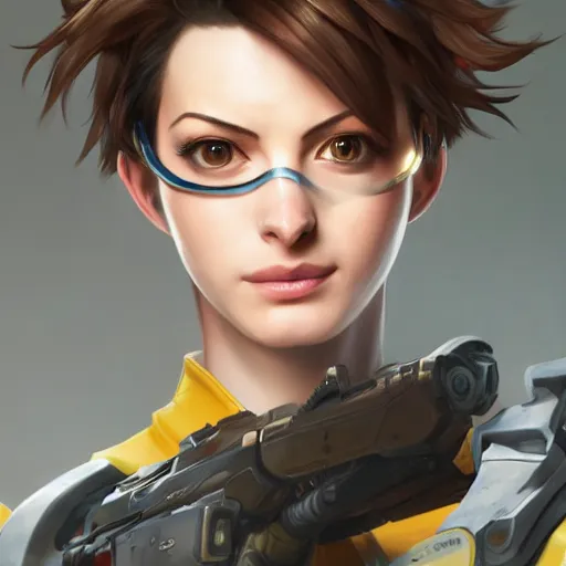 Prompt: a highly detailed portrait of tracer from overwatch as anne hathaway, digital art, pretty face, muscular, very beautiful face, very detailed eyes, 8 k resolution, digital painting, by james gurney wlop, greg rutkowski, full body