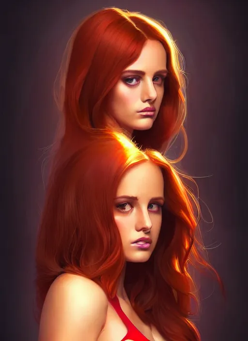 Image similar to full body portrait of teenage cheryl blossom, bangs, green eyes, sultry expression, red hair, sultry smirk, bangs and wavy hair, bangs, intricate, elegant, glowing lights, highly detailed, digital painting, artstation, concept art, smooth, sharp focus, illustration, art by wlop, mars ravelo and greg rutkowski