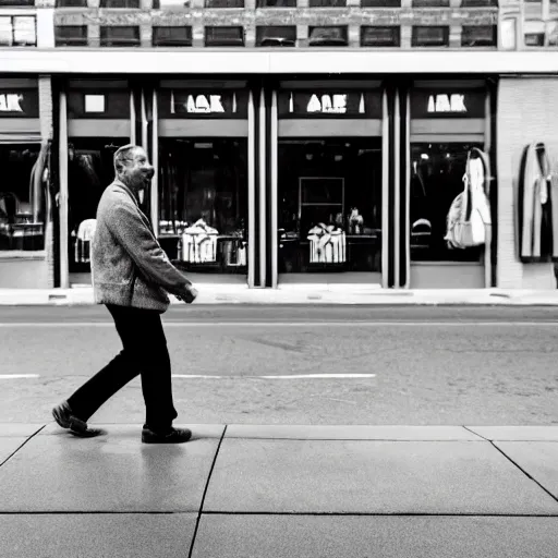 Prompt: a man walking downtown on the sidewalk in front of a clothing store in the style of vivian maier