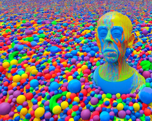 Prompt: a long shot of a giant award winning sculpture of a human head made out of a lot of inflatable pool toys, on the surface of the ocean, in the style of chad knight, hyper detailed, hyper realistic, ray tracing, 8 k resolution, sharp focus, realistic water