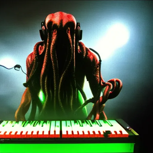 Image similar to cthulhu with headphones playing synthesizers, lights, lasers, music, highly detailed, realistic, technology and magic,