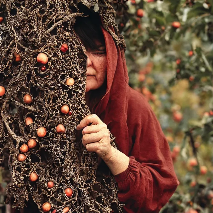 Prompt: a closeup portrait of a woman wearing a hood made of holes and rusted nails, picking pomegranates from a tree in an orchard, foggy, moody, photograph, by vincent desiderio, canon eos c 3 0 0, ƒ 1. 8, 3 5 mm, 8 k, medium - format print