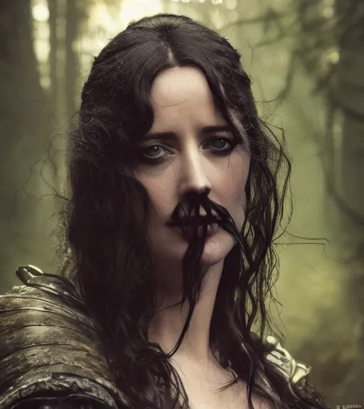 Image similar to 5 5 mm close up portrait photo of eva green as yennefer of vengerberg in black leather armor and long black fluff hair, in a forest. magical atmosphere. art by greg rutkowski. lifelike. very detailed 8 k. intricate. soft light. nikon d 8 5 0.