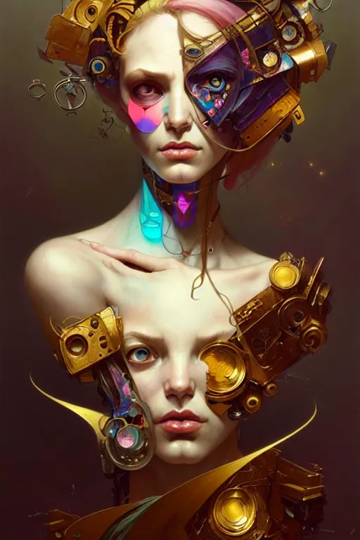 Image similar to portrait, patchwork doll, cyberpunk, elegant baroque, asymmetrical art, emotional, hyperrealism, colorful, vivid, imposing, epic, abstract texture, gold leaf texture, artstation, concept art, by peter mohrbacher and wlop and rhads and artgerm and magali villeneuve and alphonse mucha