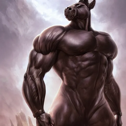 Image similar to a musclebound anthropomorphized horse with a magnificently muscular physique wearing a tight leather battle outfit while protecting a facility, equine, anthro art, furaffinity, highly detailed, digital painting, artstation, sharp focus, game art, concept art, illustration, art by artgerm, greg rutkowski, wlop