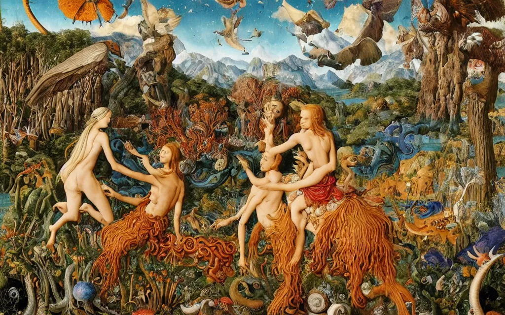 Image similar to a portrait photograph of a meditating harpy and a centaur king riding winged serpents and hugging animals at a river delta. surrounded by mushrooms, animals and trees. mountains range under a blue sky of burning stars. painted by jan van eyck, max ernst, ernst haeckel and ernst fuchs, cgsociety, artstation, fashion editorial, 8 k